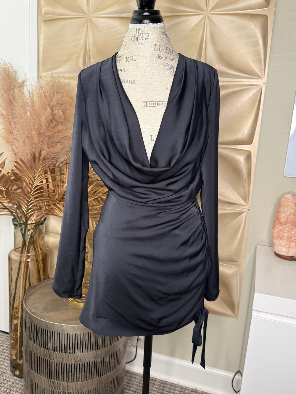 Ramy Brook Black Long-Sleeve Cowl Neck Mini Dress